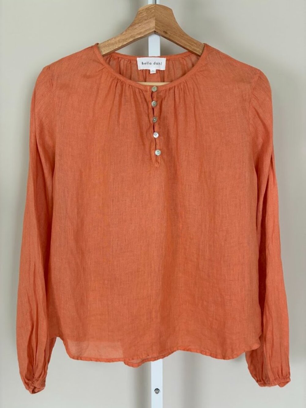 Bella Dahl Rust Orange Linen Textured Gauze Henley Blouse Top Long Sleeve Size L